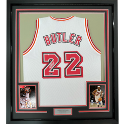 Framed Facsimile Autographed Jimmy Butler 35x39 Miami White Retro Reprint Laser Auto Basketball Jersey (ONLINE ORDER ONLY)
