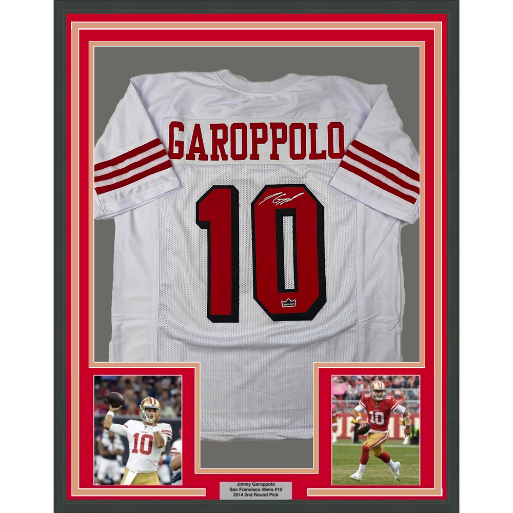 Framed Facsimile Autographed Jimmy Garoppolo 35x39 San Francisco White Alternate Reprint Laser Auto Football Jersey (ONLINE ORDER ONLY)