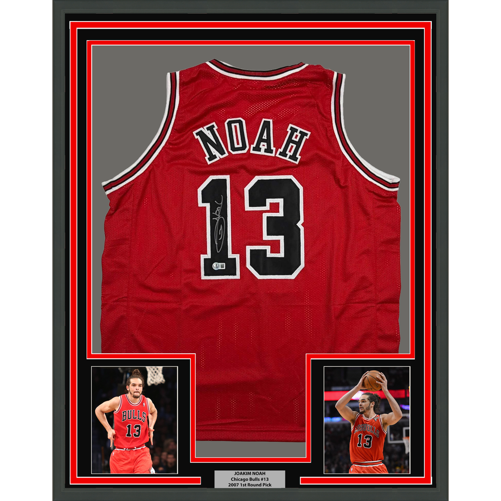 Framed Autographed/Signed Joakim Noah 35x39 Chicago Red Basketball Jersey Beckett BAS COA