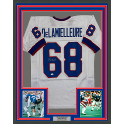 Framed Autographed/Signed Joe DeLamielleure 35x39 Buffalo White Football Jersey JSA COA