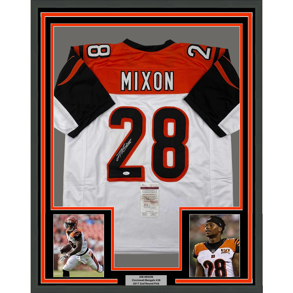 Framed Autographed/Signed Joe Mixon 35x39 Cincinnati White Football Jersey JSA COA