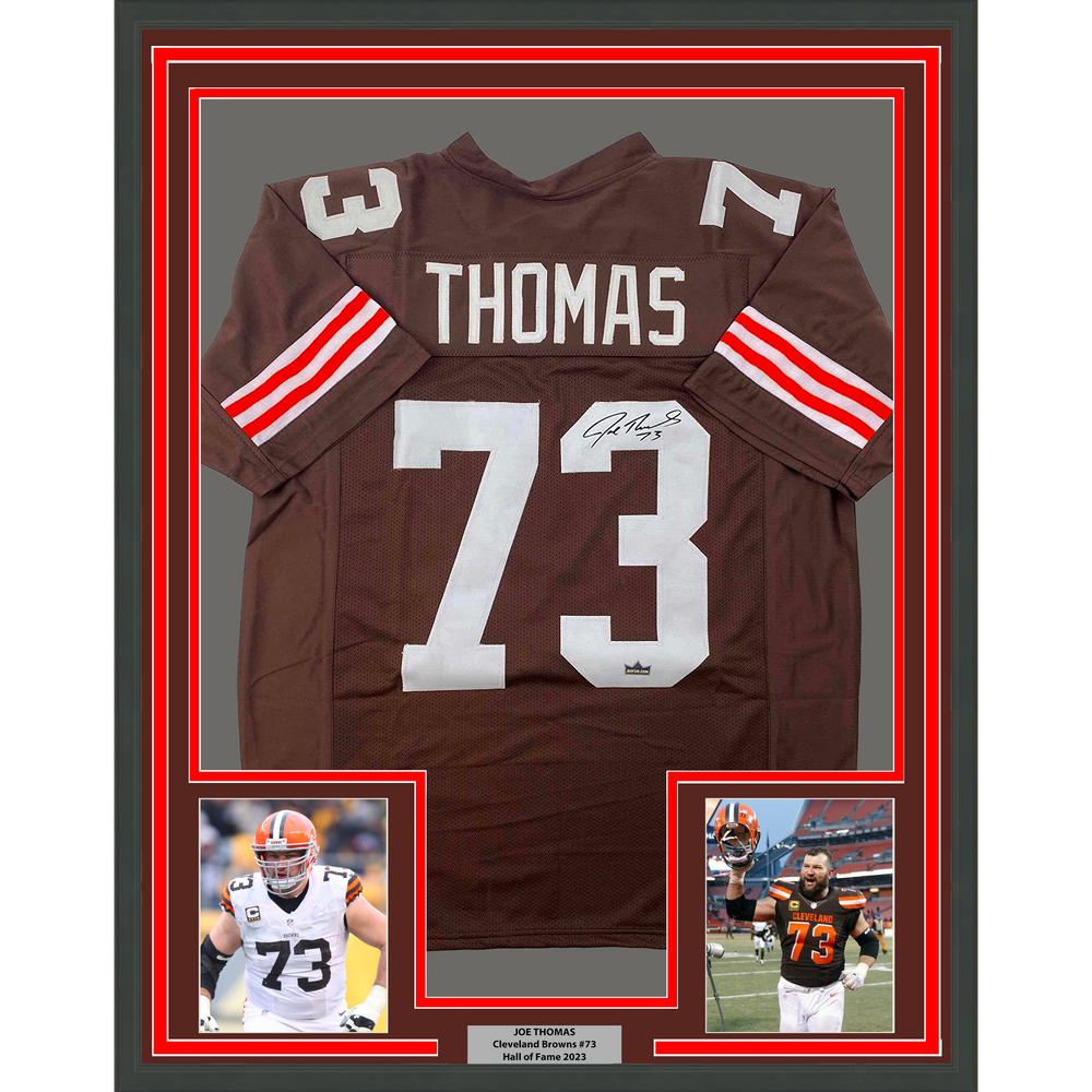 Framed Facsimile Autographed Joe Thomas 35x39 Cleveland Brown Reprint Laser Auto Football Jersey (ONLINE ORDER ONLY)