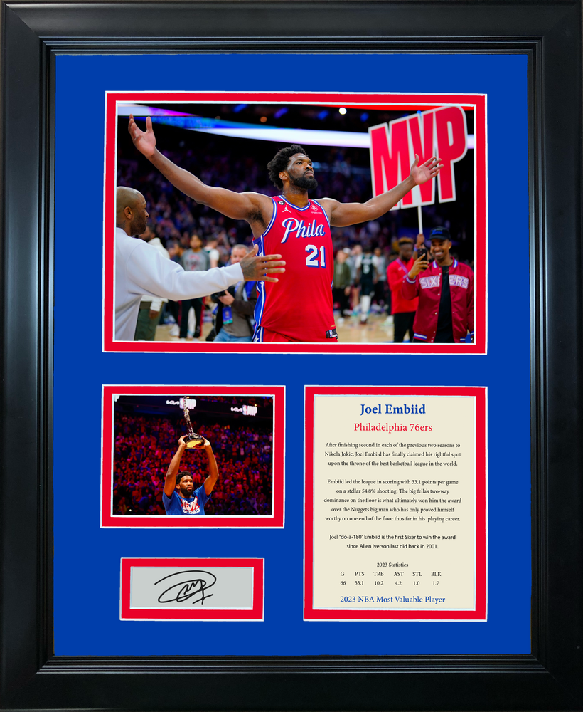 Framed Joel Embiid 2023 NBA MVP Most Valuable Player Facsimile Laser Engraved Signature Auto Philadelphia 76ers Basketball 11"x14" Photo Sig Collage (ONLINE ORDER ONLY)