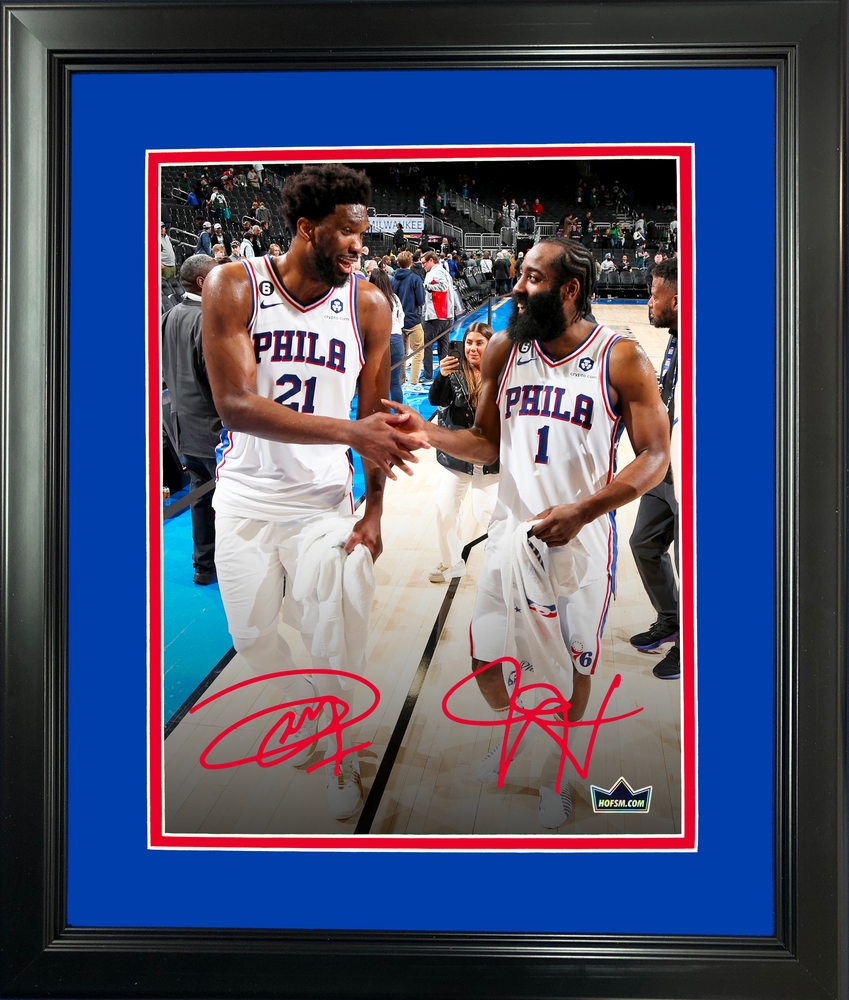 Framed Joel Embiid & James Harden Philadelphia 76ers Dual Facsimile Laser Engraved Signature Auto 11"x14" Basketball Photo HOFSM Holo (ONLINE ORDER ONLY)