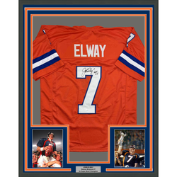 Framed Autographed/Signed John Elway 35x39 Denver Orange Retro Football Jersey JSA COA