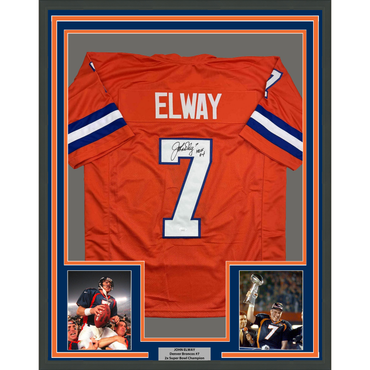 Framed Autographed/Signed John Elway 35x39 Denver Orange Retro Football Jersey JSA COA