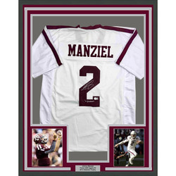 Framed Autographed/Signed Johnny Manziel 12 Heisman 35x39 Texas A&M White College Football Jersey JSA COA