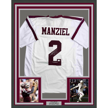 Framed Autographed/Signed Johnny Manziel 12 Heisman 35x39 Texas A&M White College Football Jersey JSA COA