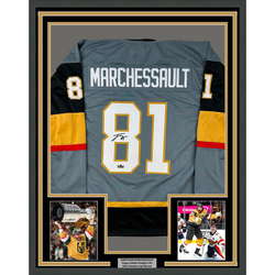 Framed Facsimile Autographed Jonathan Marchessault 35x39 Vegas Grey Reprint Laser Auto Hockey Jersey (ONLINE ORDER ONLY)