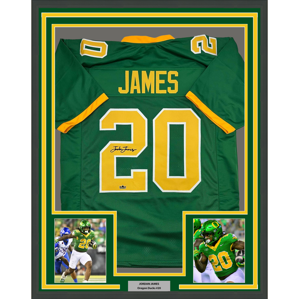 Framed Facsimile Autographed Jordan James 35x39 Oregon Green Reprint Laser Auto College Football Jersey (ONLINE ORDER ONLY)