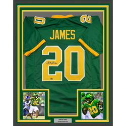 Framed Facsimile Autographed Jordan James 35x39 Oregon Green Reprint Laser Auto College Football Jersey (ONLINE ORDER ONLY)