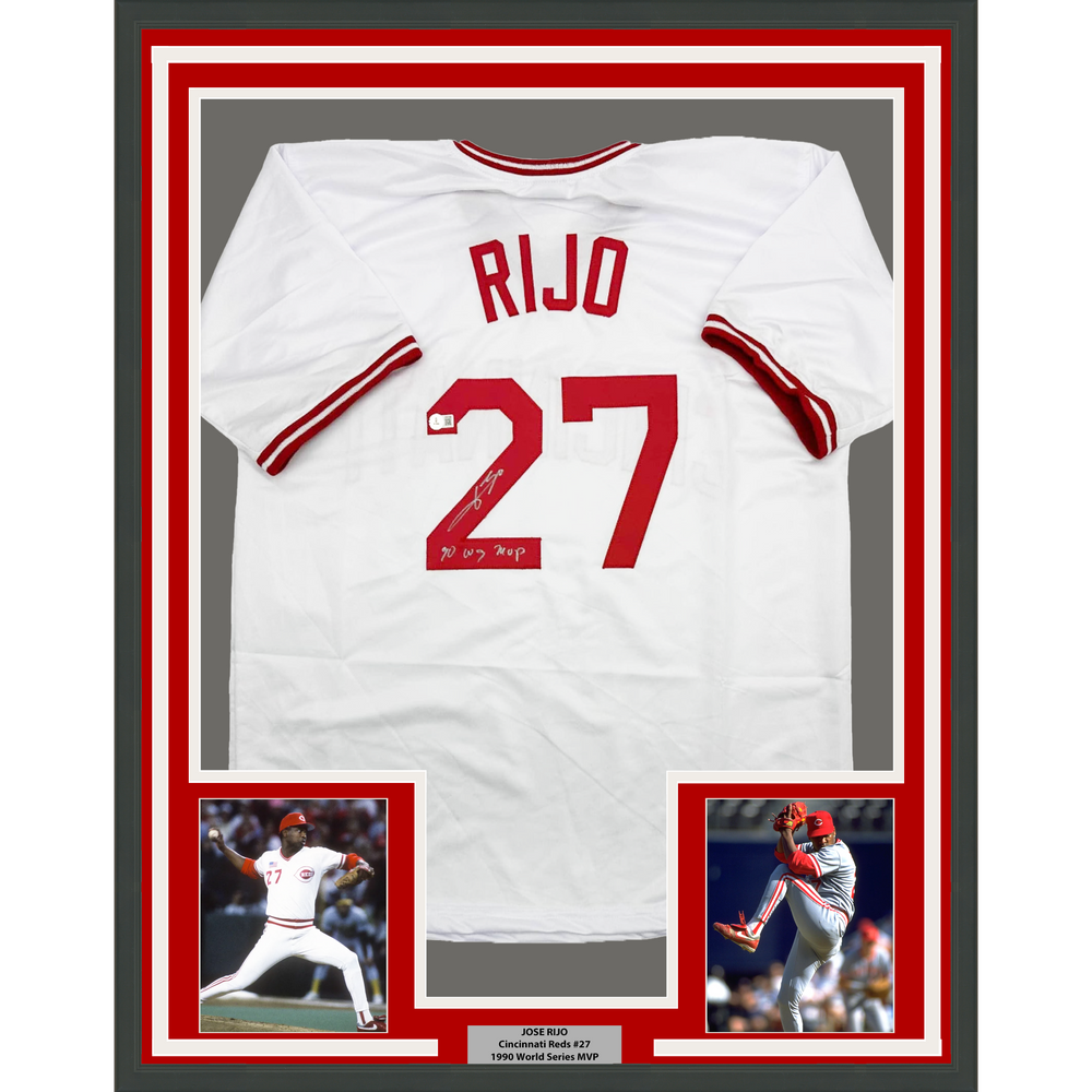 Framed Autographed/Signed Jose Rijo 35x39 90 WS MVP Cincinnati White Baseball Jersey Beckett BAS COA (ONLINE ORDER ONLY)