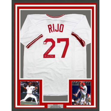 Framed Autographed/Signed Jose Rijo 35x39 90 WS MVP Cincinnati White Baseball Jersey Beckett BAS COA (ONLINE ORDER ONLY)