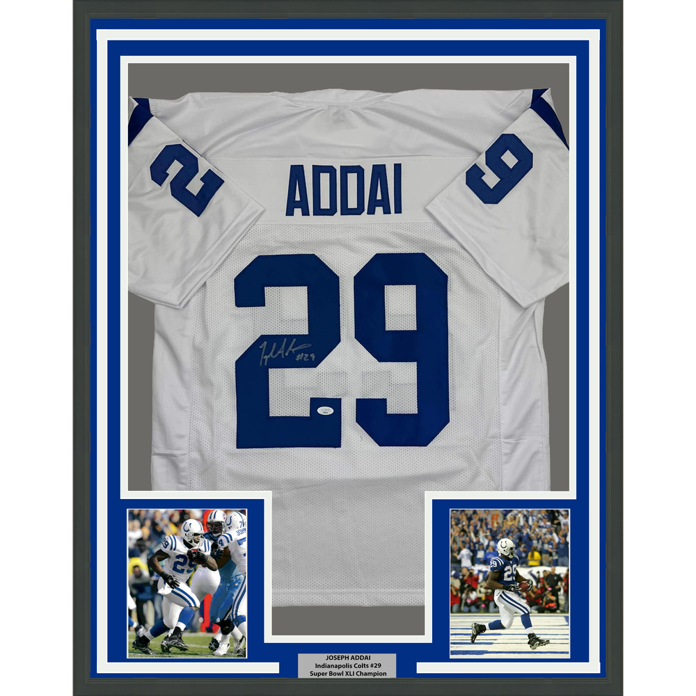 Framed Autographed/Signed Joseph Addai 35x39 Indianapolis White Football Jersey JSA COA