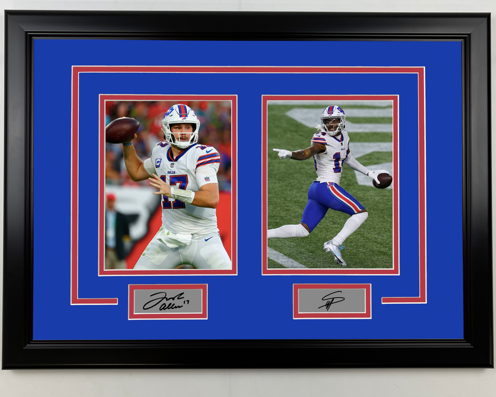 Framed Josh Allen and Stefon Diggs Facsimile Laser Engraved Signatures Buffalo Bills 17x23 Dual Football Photo (ONLINE ORDER ONLY)