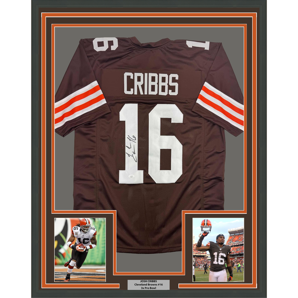 Framed Autographed/Signed Josh Cribbs 35x39 Cleveland Football Brown Jersey JSA COA (ONLINE ORDER ONLY)