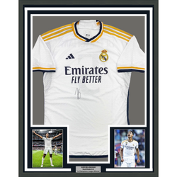 Framed Autographed/Signed Jude Bellingham 35x39 Real Madrid White Soccer Jersey Beckett BAS COA (ONLINE ORDER ONLY)