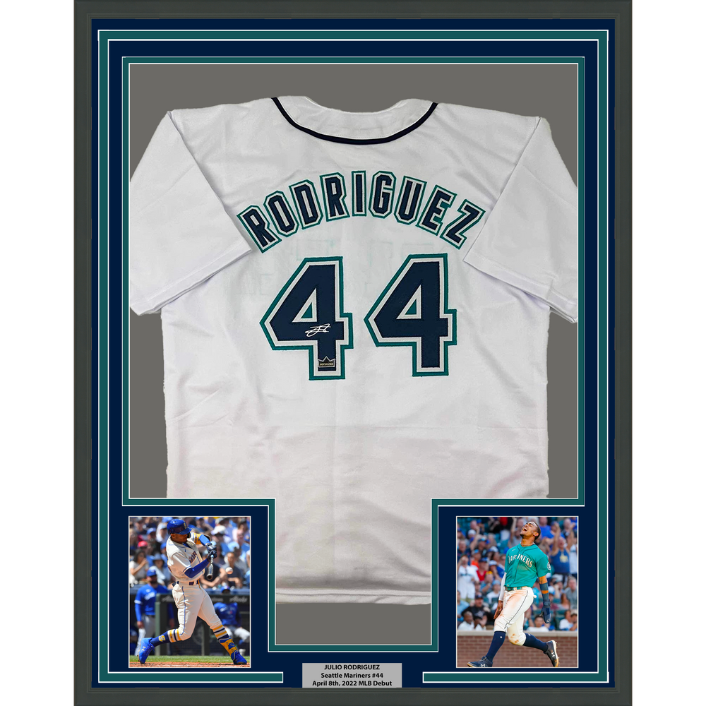 Framed Facsimile Autographed Julio Rodriguez 35x39 Seattle White Reprint Laser Auto Baseball Jersey (ONLINE ORDER ONLY)