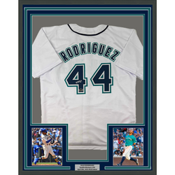 Framed Facsimile Autographed Julio Rodriguez 35x39 Seattle White Reprint Laser Auto Baseball Jersey (ONLINE ORDER ONLY)