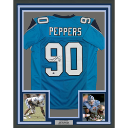 Framed Autographed/Signed Julius Peppers 35x39 Carolina Blue Football Jersey Beckett BAS COA