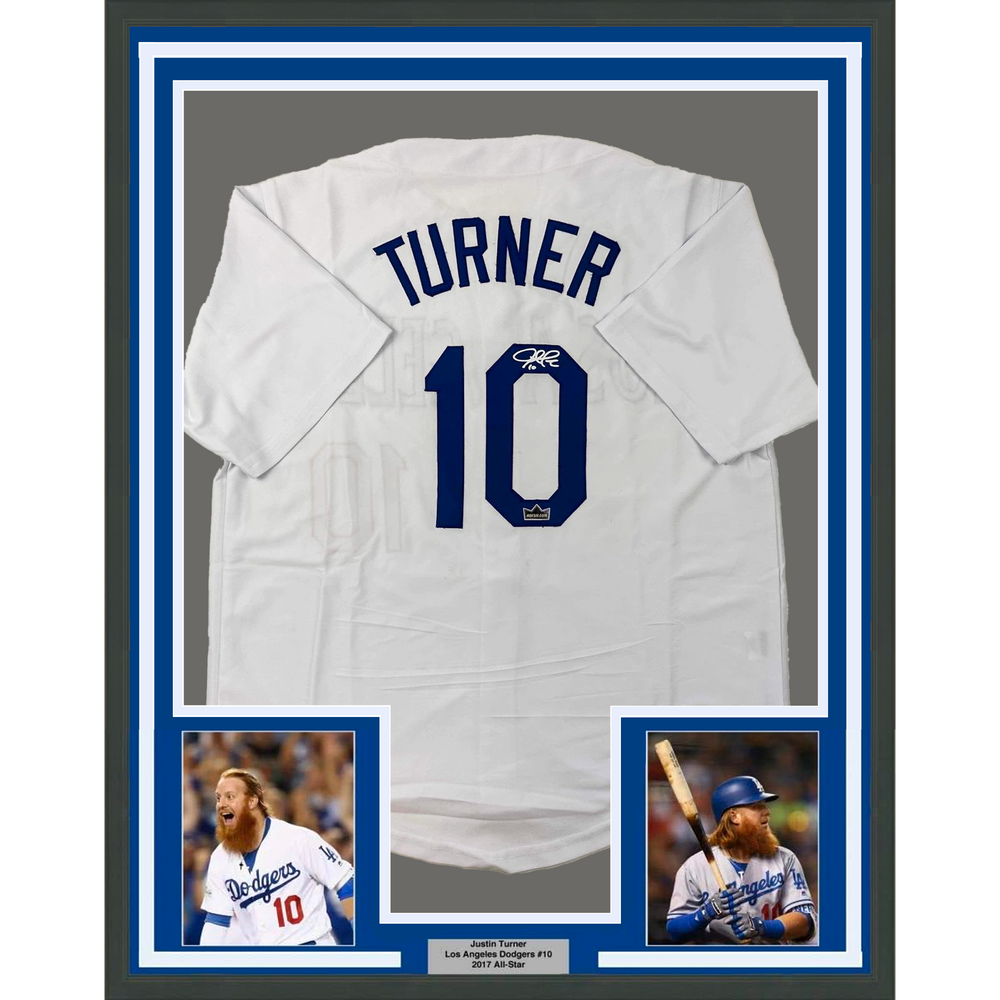Framed Facsimile Autographed Justin Turner 35x39 Los Angeles LA White Reprint Laser Auto Baseball Jersey (ONLINE ORDER ONLY)