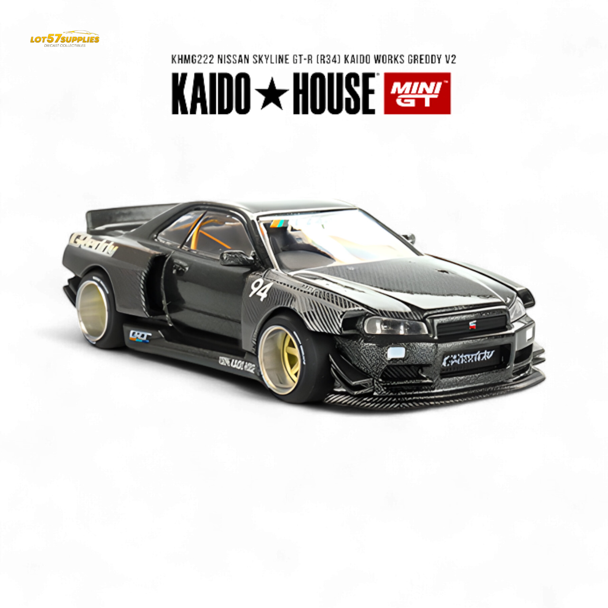 (Pre-Order) Kaido House x Mini GT Nissan Skyline GT-R (R34) Kaido Works GReddy V2 - Black w/ Carbon 1:64 (Online Order Only)