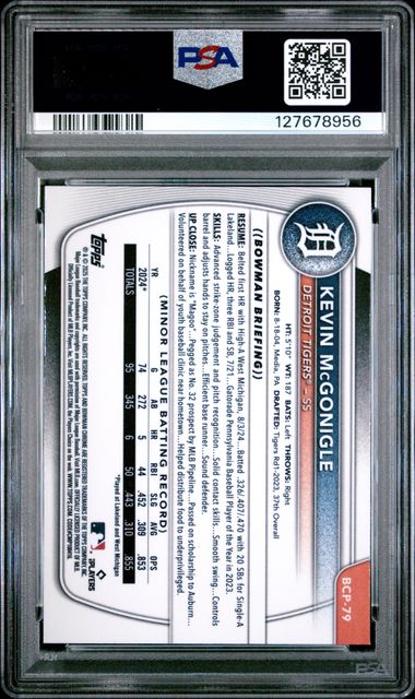 Graded 2025 Topps Bowman Chrome Kevin McGonigle #BCP79 Reptilian Refractor Rookie RC Baseball Card PSA 10 Gem Mint (ONLINE ORDER ONLY)