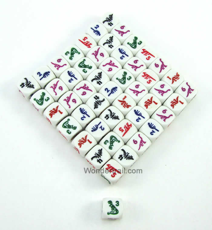 KOP00480 Dinosaur Dice D6 White Opaque Multi-Color Dinosaurs 16mm 50 (ONLINE ORDER ONLY)
