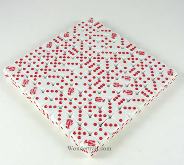 KOP00509 Lobster Dice White Opaque Red Pips D6 16mm Bulk Pack of 100 (ONLINE ORDER ONLY)