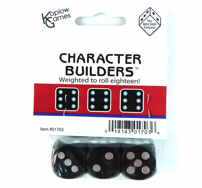 KOP01703 Character Builder Dice Black Opaque Silver Pips D6 Set of 3 18mm (ONLINE ORDER ONLY)