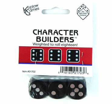 KOP01703 Character Builder Dice Black Opaque Silver Pips D6 Set of 3 18mm (ONLINE ORDER ONLY)