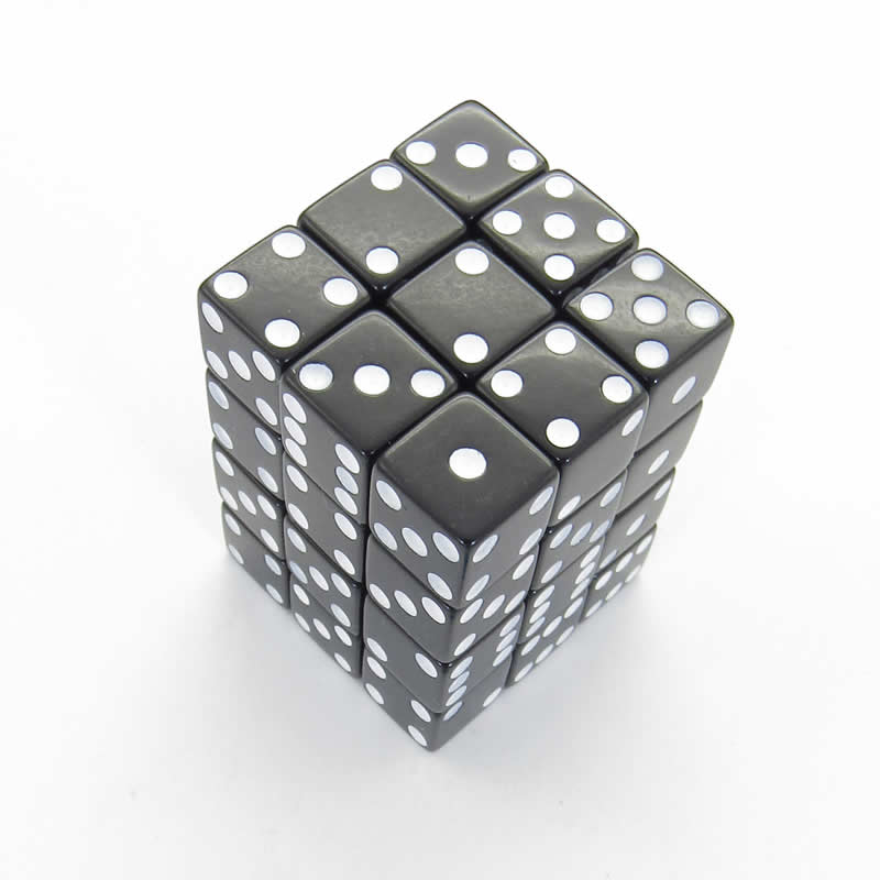 KOP01828 Black Opaque Squared Corner Dice White Pips D6 12mm Pack of 36 (ONLINE ORDER ONLY)