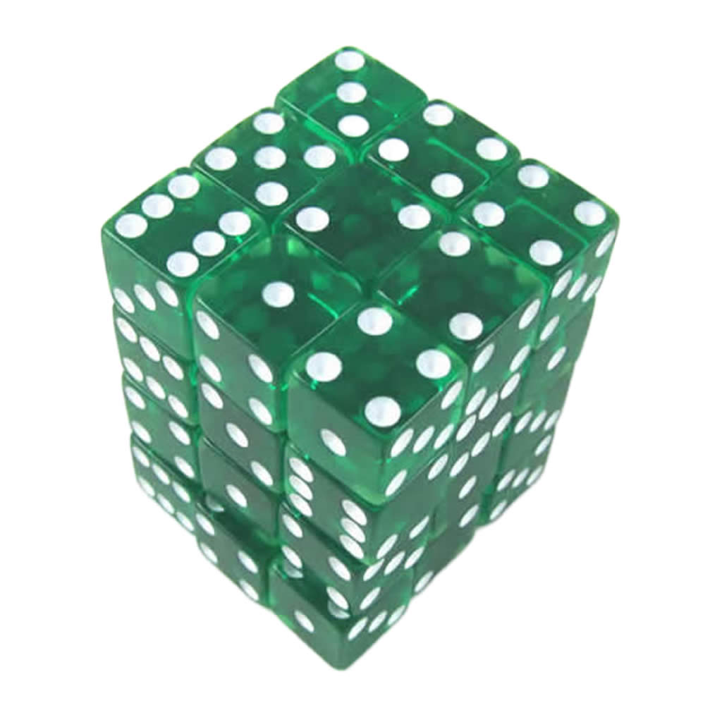KOP01853 Green Transparent Squared Corner Dice with White Pips D6 12mm (1/2in) Pack of 36 Dice (ONLINE ORDER ONLY)