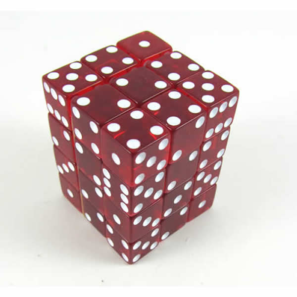 KOP01855 Red Transparent Squared Corner Dice White Pips D6 12mm (ONLINE ORDER ONLY)