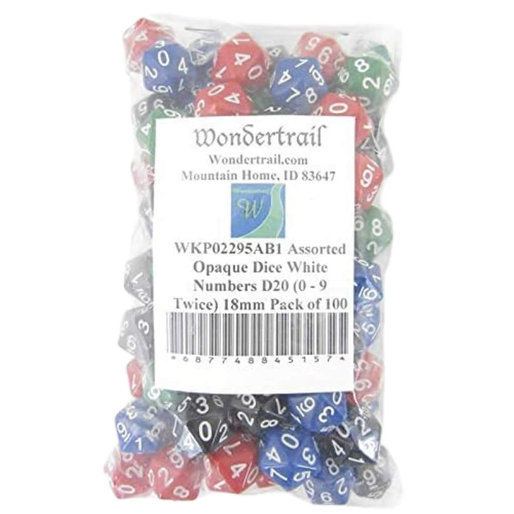 WKP02295AB1 Assorted Opaque Dice White Numbers D20 (0 - 9 Twice) 18mm Pack of 100 (ONLINE ORDER ONLY)