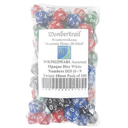 WKP02295AB1 Assorted Opaque Dice White Numbers D20 (0 - 9 Twice) 18mm Pack of 100 (ONLINE ORDER ONLY)