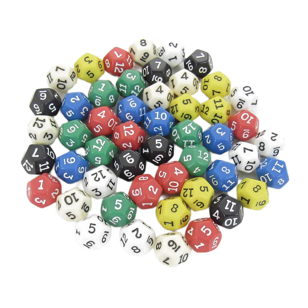KOP02734 Assorted Opaque Dice Black Numbers D12 16mm Bulk Pack of 50 (ONLINE ORDER ONLY)
