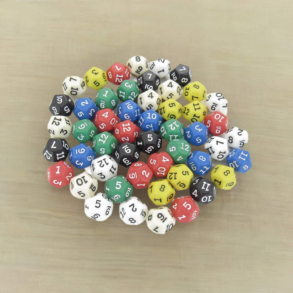 KOP02734 Assorted Opaque Dice Black Numbers D12 16mm Bulk Pack of 50 (ONLINE ORDER ONLY)