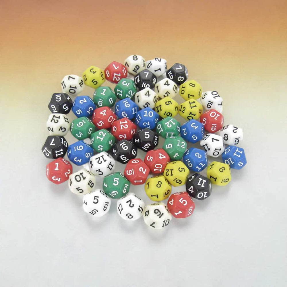 KOP02734 Assorted Opaque Dice Black Numbers D12 16mm Bulk Pack of 50 (ONLINE ORDER ONLY)