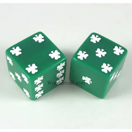 KOP03943 Green Lucky Dice with White Clovers D6 25mm (1in) Pack of 2 (ONLINE ORDER ONLY)