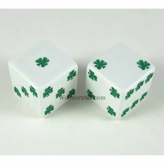 KOP03944 White Lucky Dice with Green Clovers D6 25mm (1in) Pack of 2 (ONLINE ORDER ONLY)