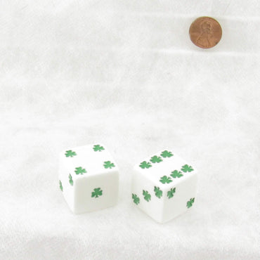 KOP03944 White Lucky Dice with Green Clovers D6 25mm (1in) Pack of 2 (ONLINE ORDER ONLY)