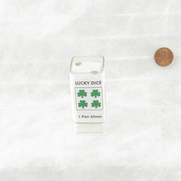 KOP03944 White Lucky Dice with Green Clovers D6 25mm (1in) Pack of 2 (ONLINE ORDER ONLY)