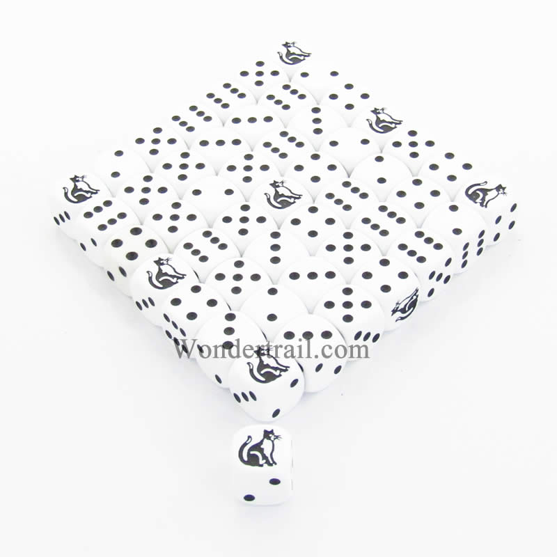 KOP04894 Cat Dice Opaque White Black Pips 16mm (5/8in) Bulk Pack of 50 (ONLINE ORDER ONLY)
