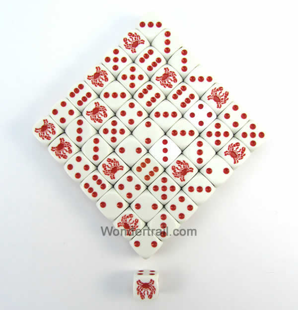 KOP04900 Crab Dice Opaque White Red Pips 16mm (5/8in) Bulk Pack of 50 (ONLINE ORDER ONLY)