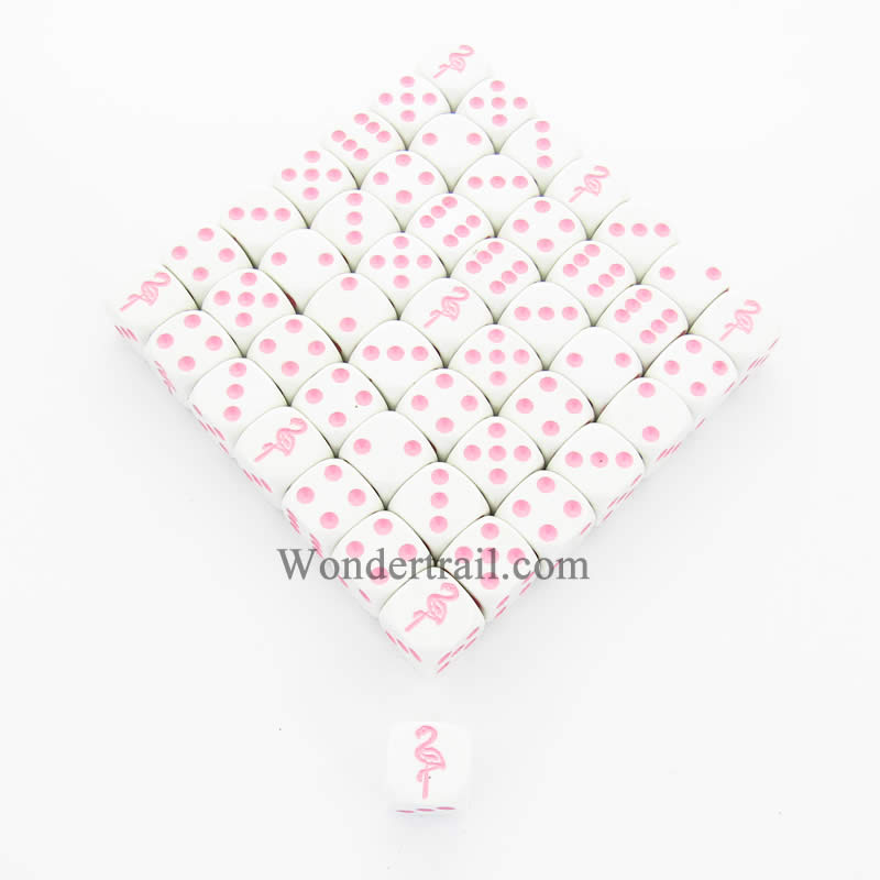 KOP04934 Flamingo Dice Opaque White with Pink Pips 16mm (5/8in) Bulk Pack of 50 Koplow Games (ONLINE ORDER ONLY)