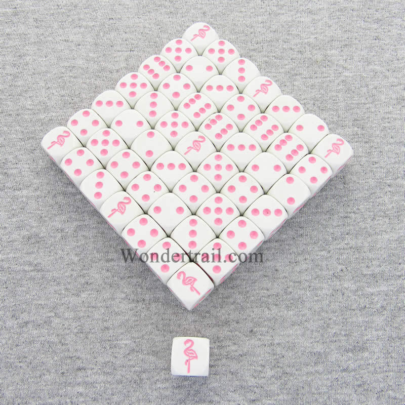 KOP04934 Flamingo Dice Opaque White with Pink Pips 16mm (5/8in) Bulk Pack of 50 Koplow Games (ONLINE ORDER ONLY)