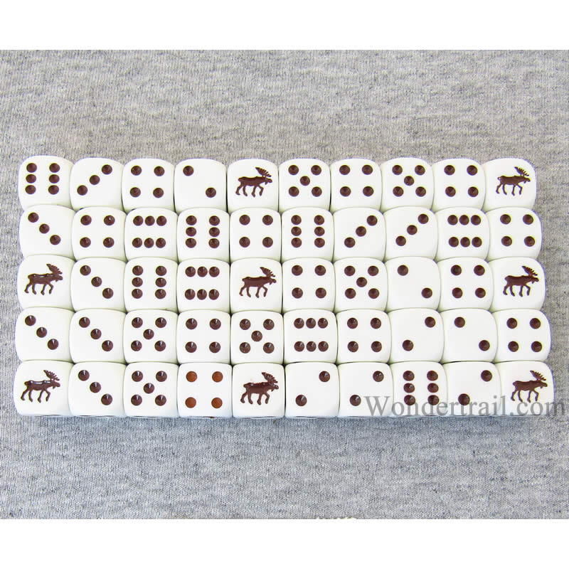 KOP04947 Moose Dice Opaque White Brown Pips 16mm Bulk Pack of 50 (ONLINE ORDER ONLY)