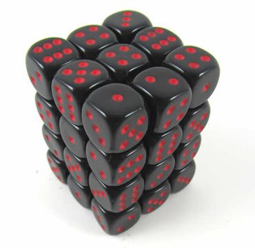 KOP05110 Black Opaque Deluxe Dice Red Pips D6 12mm (1/2in) Pack of 36 (ONLINE ORDER ONLY)