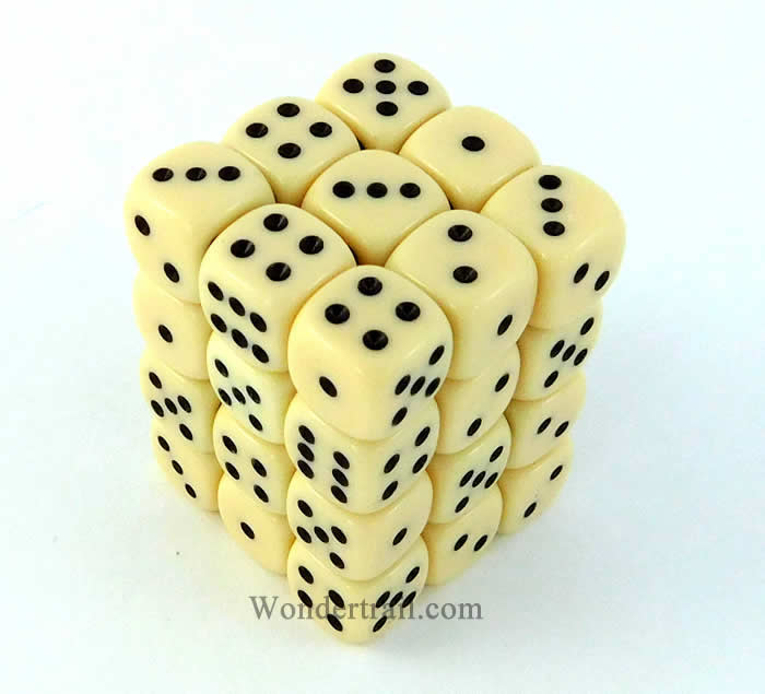 KOP05114 Ivory Opaque Deluxe Dice Black Pips D6 12mm (1/2in) Pack of 36 (ONLINE ORDER ONLY)
